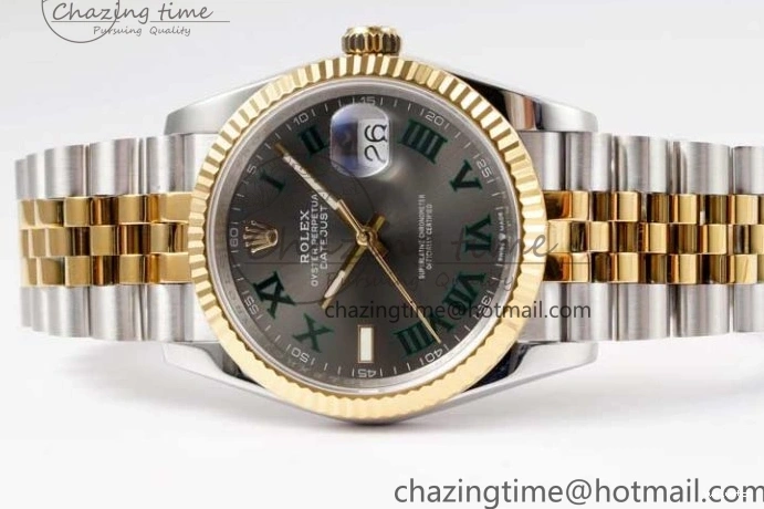 DIWF 904L SA3235 1:1 YG DateJust on Steel Bracelet Jubilee 36mm Best SS Markers Gray Dial Edition Green 0404